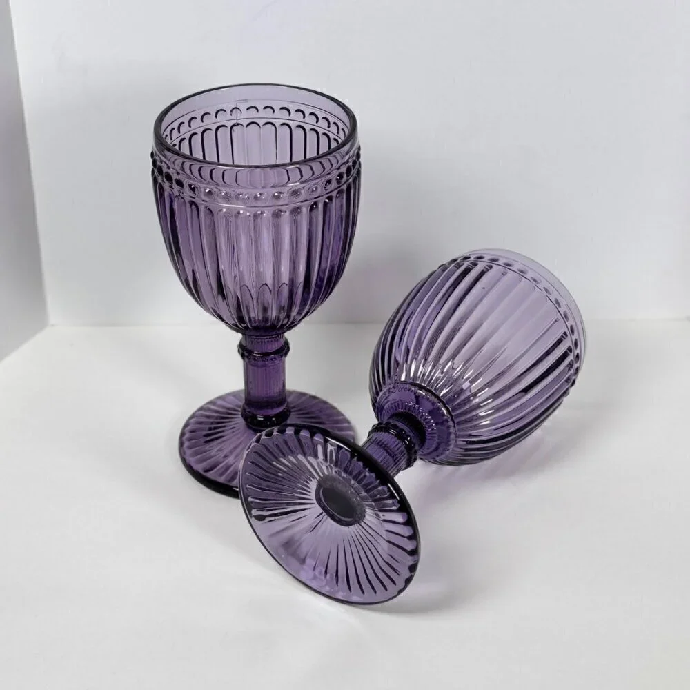 VTG Rosanna Wine Glasses 8 OZ Purple Mouth-Blown Thick Glass Fancy  2PCs